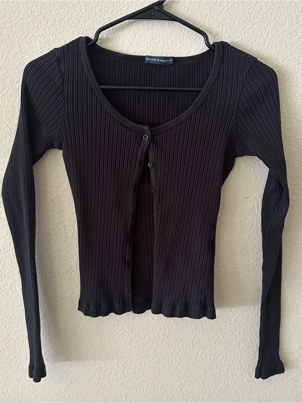 Brandy Melville Black Ribbed Long Sleeve Button Front Top